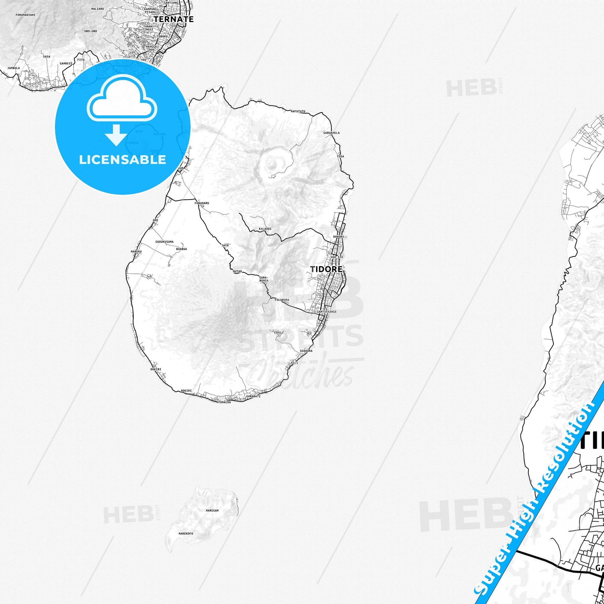 Tidore, Indonesia light map with streetnames, citynames and districts