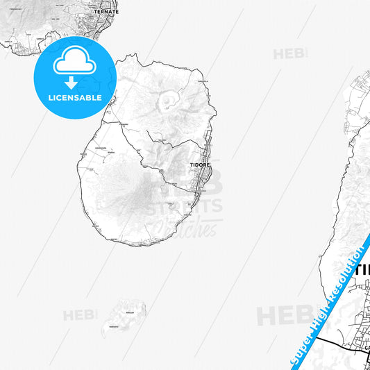 Tidore, Indonesia light map with streetnames, citynames and districts