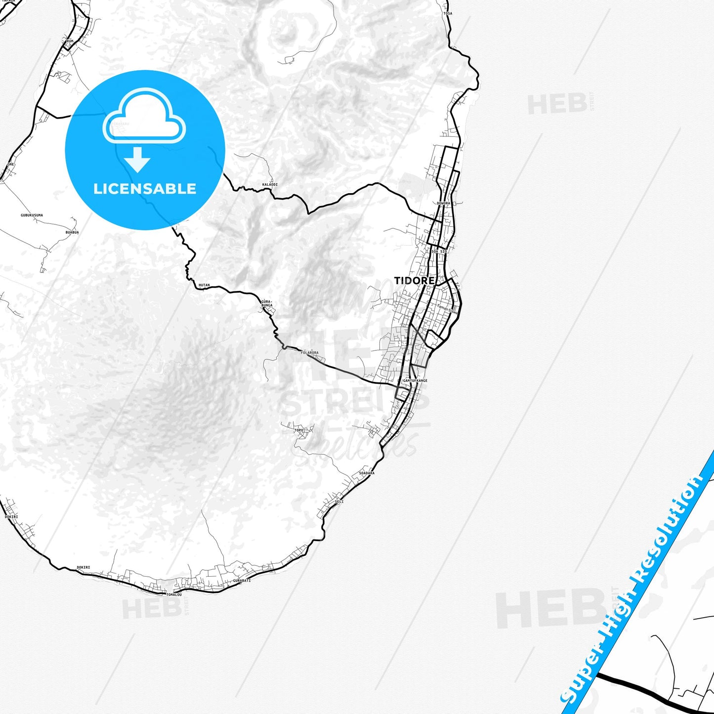Tidore, Indonesia Light Map with Street Names, City Names, and Districts