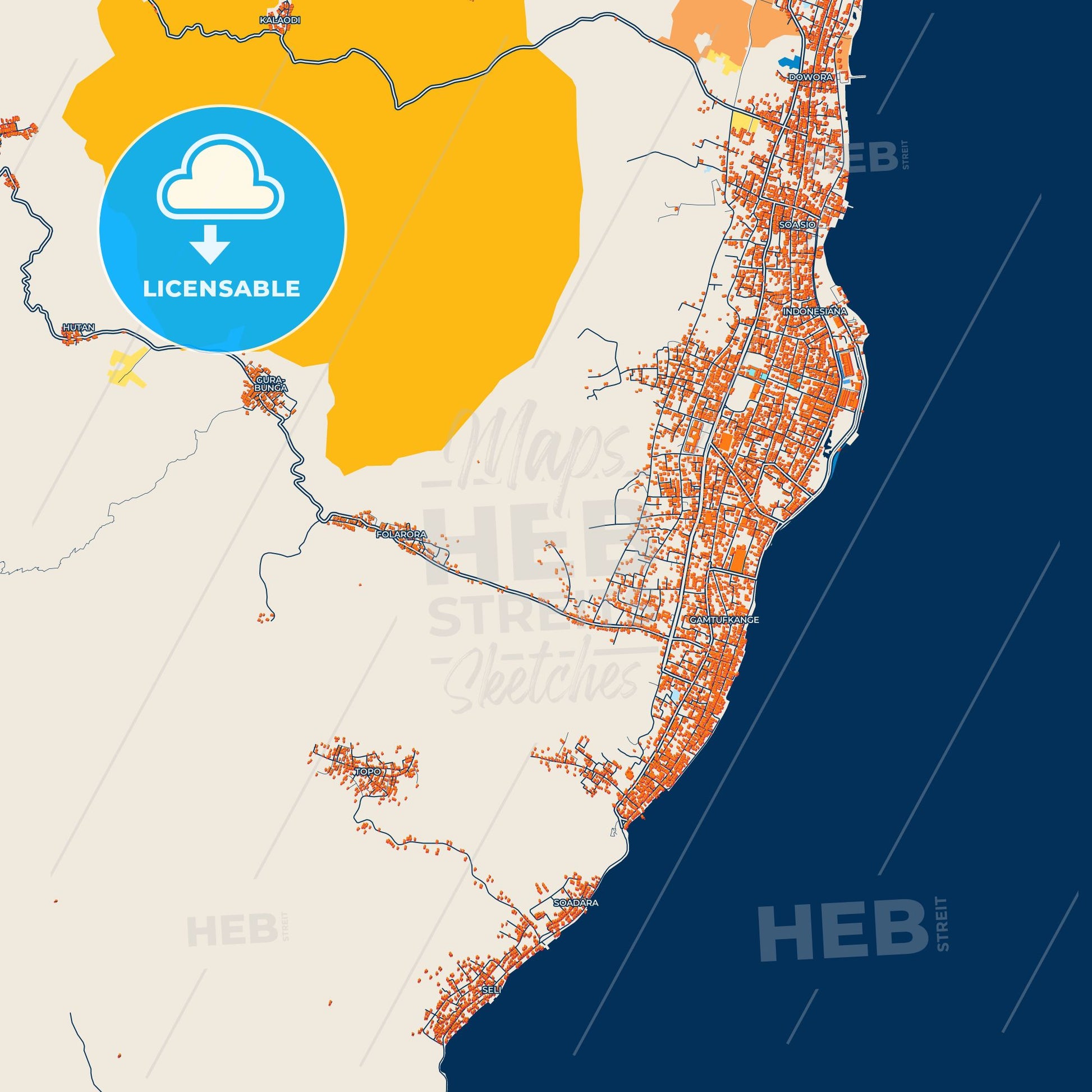 Colorful Tidore Street Map with Labels and Buildings