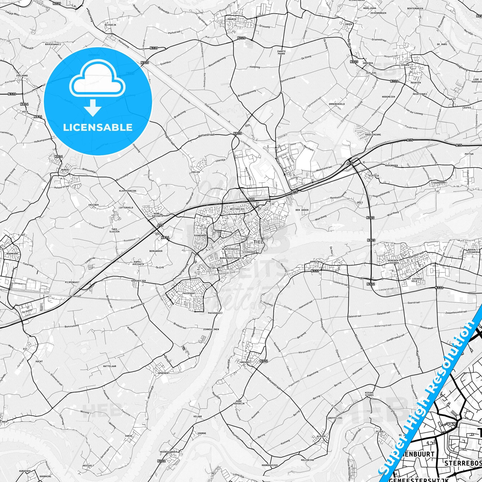 Tiel, Netherlands light map with streetnames, citynames and districts