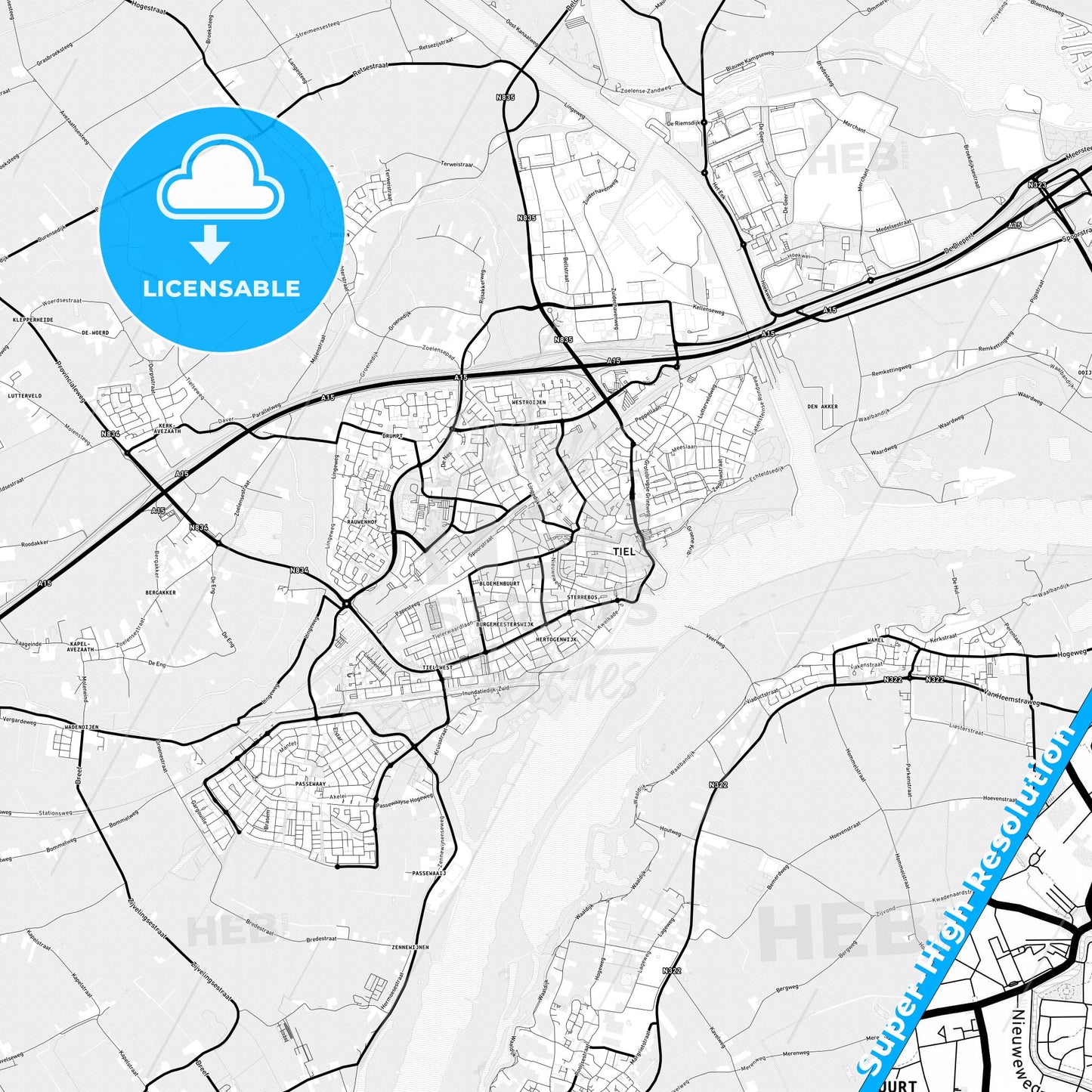 Tiel, Netherlands Light Map with Street Names, City Names, and Districts