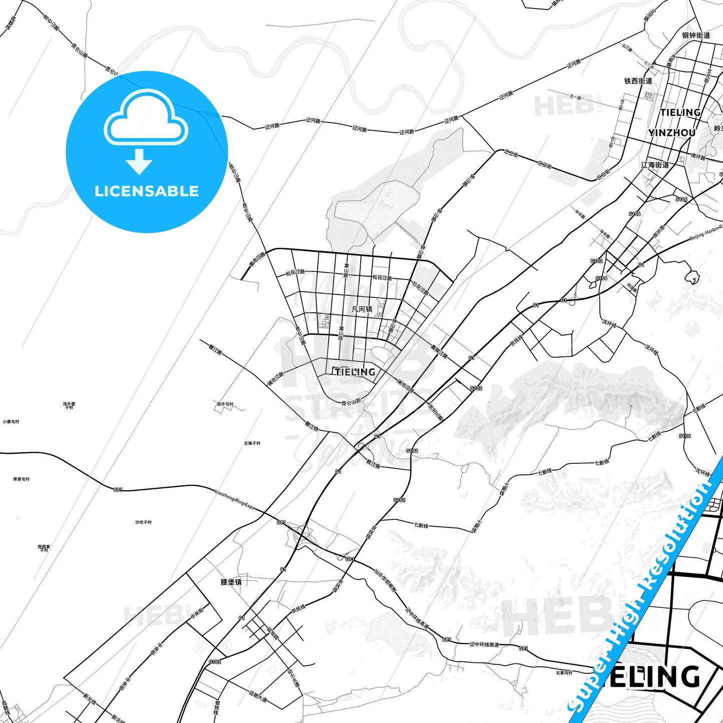 Tieling, China light map with streetnames, citynames and districts