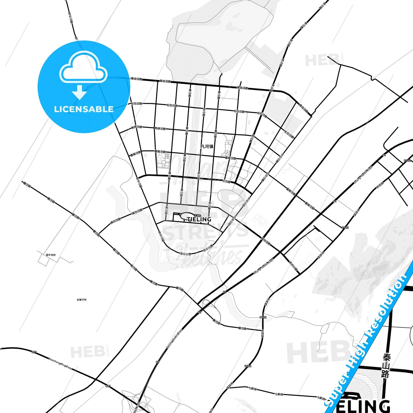 Tieling, China Light Map with Street Names, City Names, and Districts