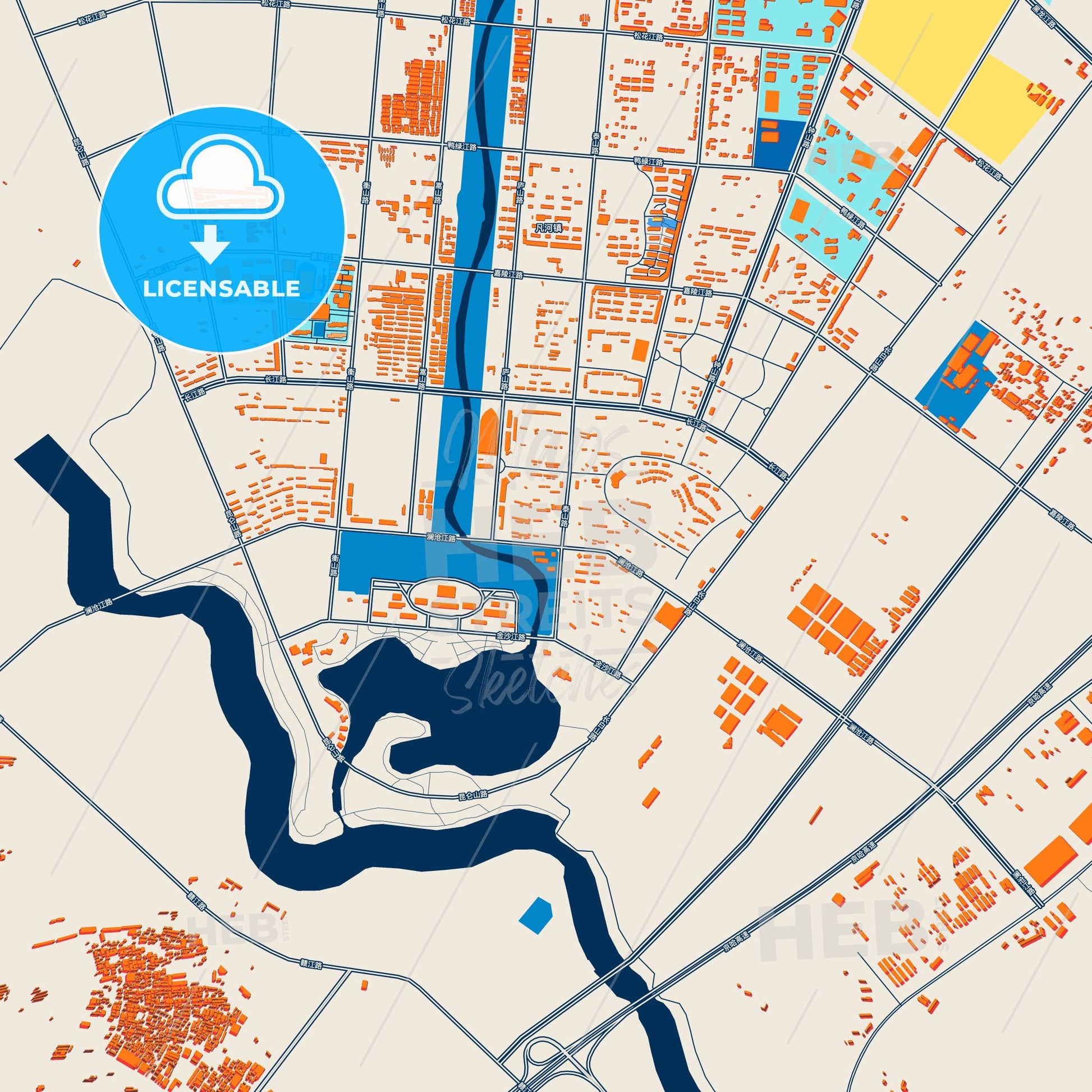 Colorful Tieling Street Map with Labels and Buildings