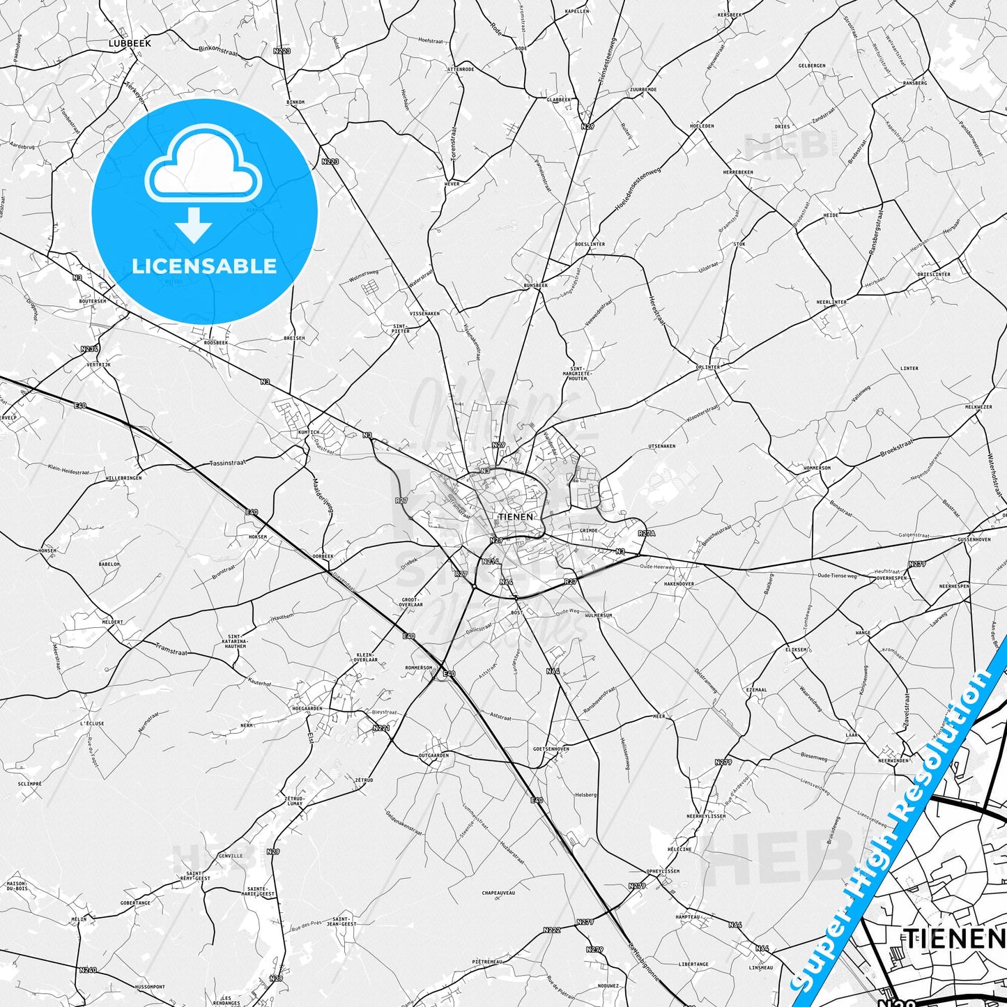 Tienen, Belgium light map with streetnames, citynames and districts