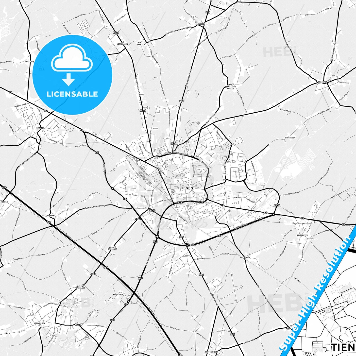 Tienen, Belgium Light Map with Street Names, City Names, and Districts