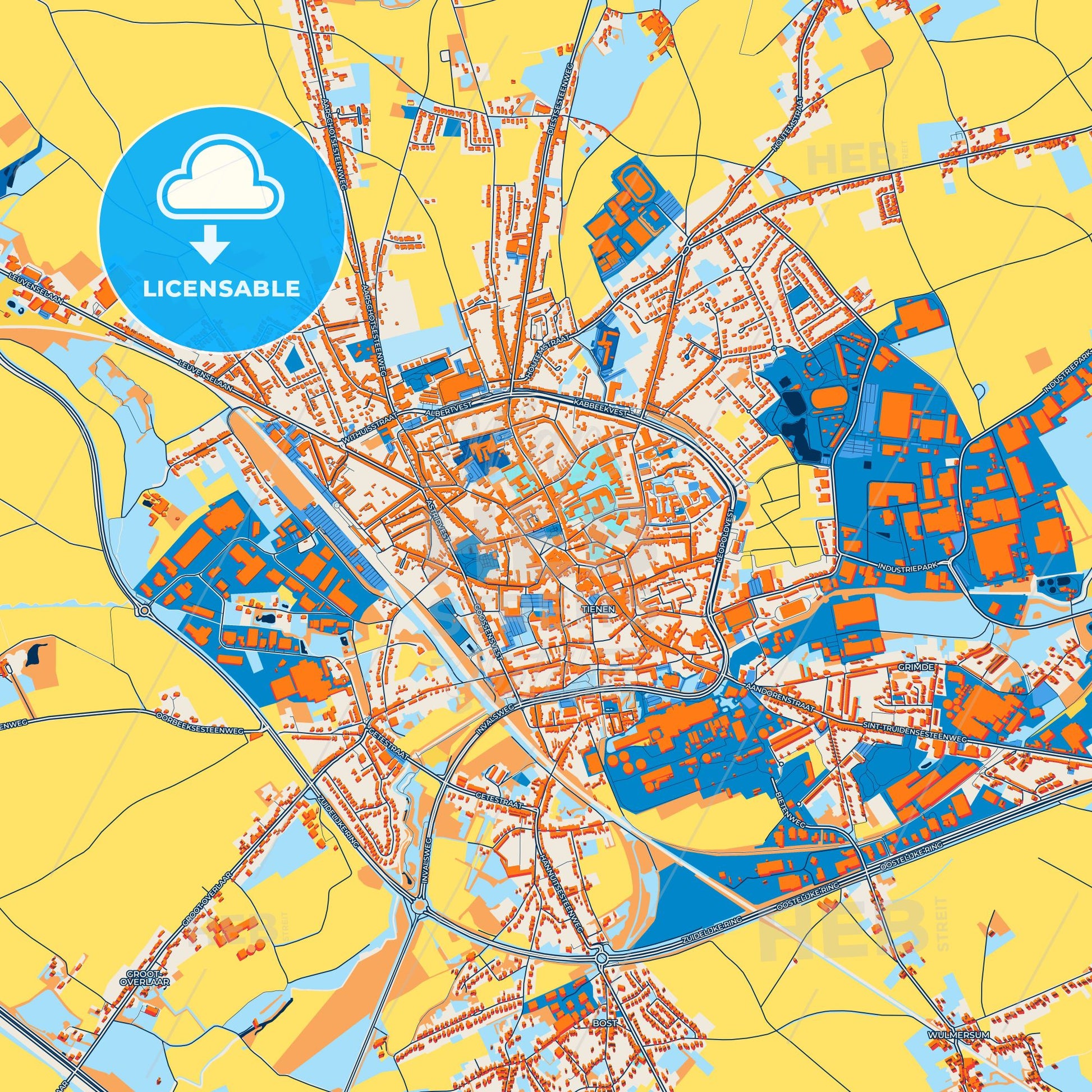 Colorful Tienen Street Map with Labels and Buildings