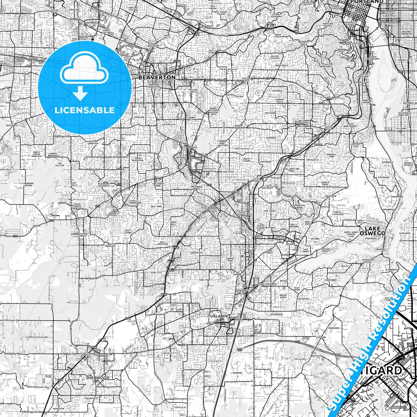 Tigard, Oregon light map with streetnames, citynames and districts