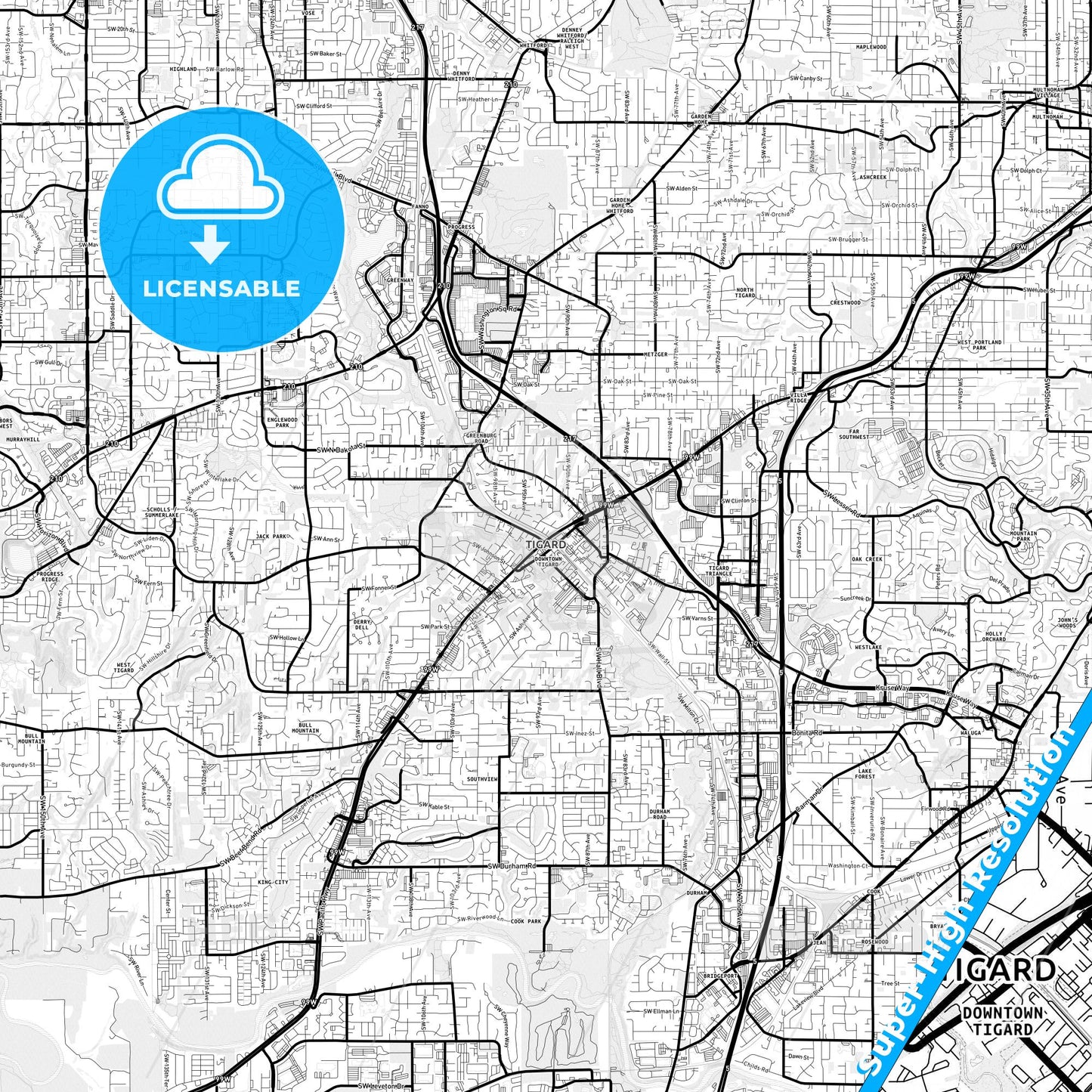 Tigard, Oregon Light Map with Street Names, City Names, and Districts