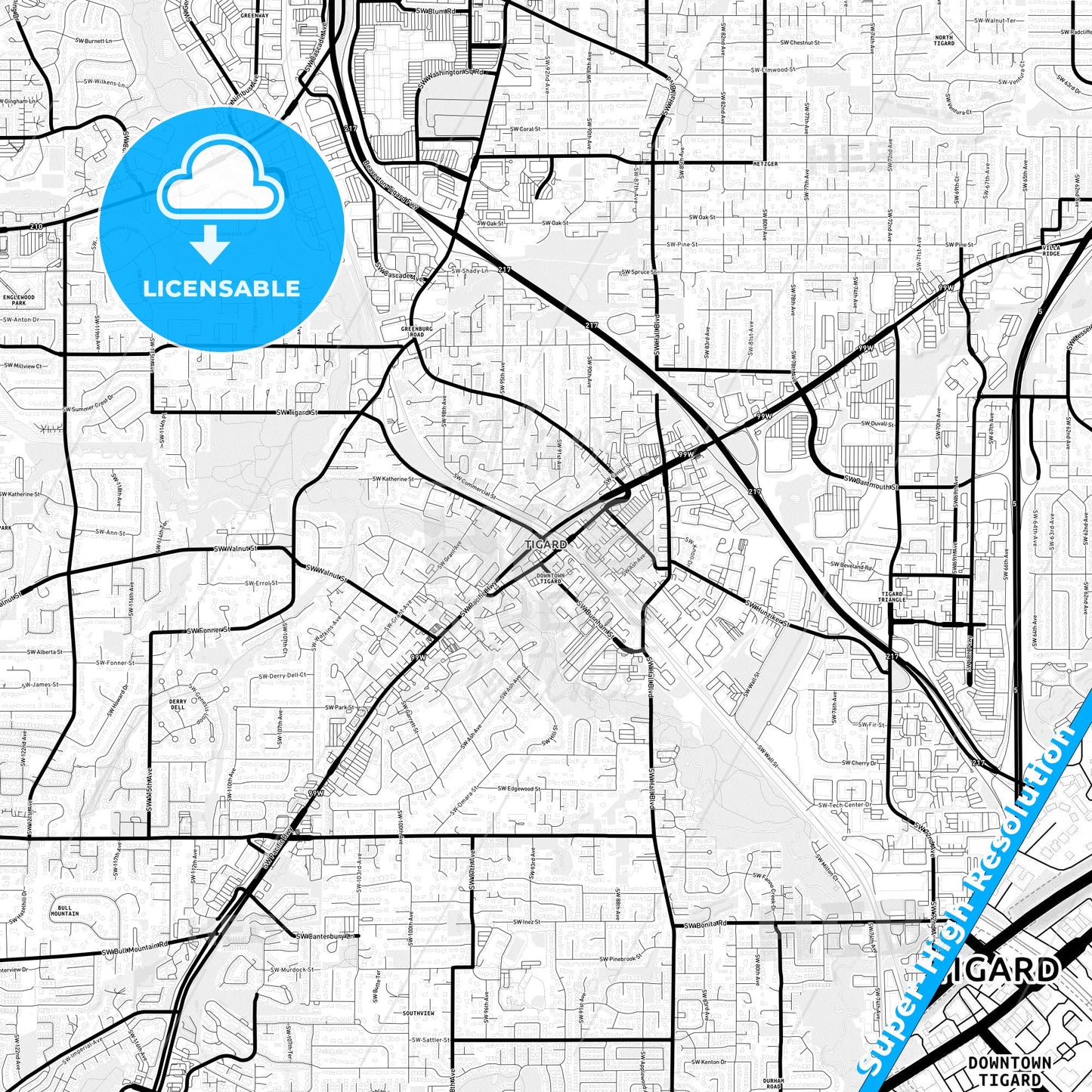 Tigard, Oregon Light Map with Street Names, City Names, and Districts