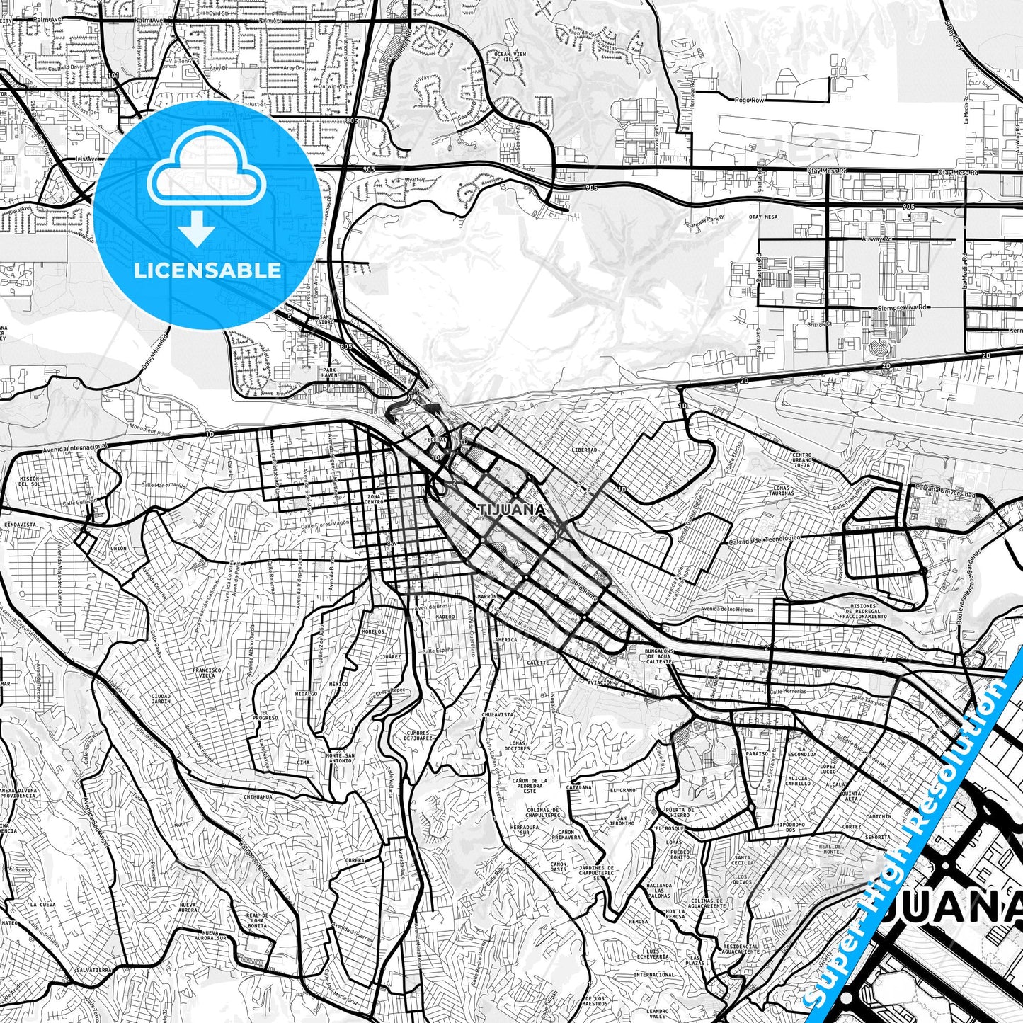 Tijuana, Mexico Light Map with Street Names, City Names, and Districts