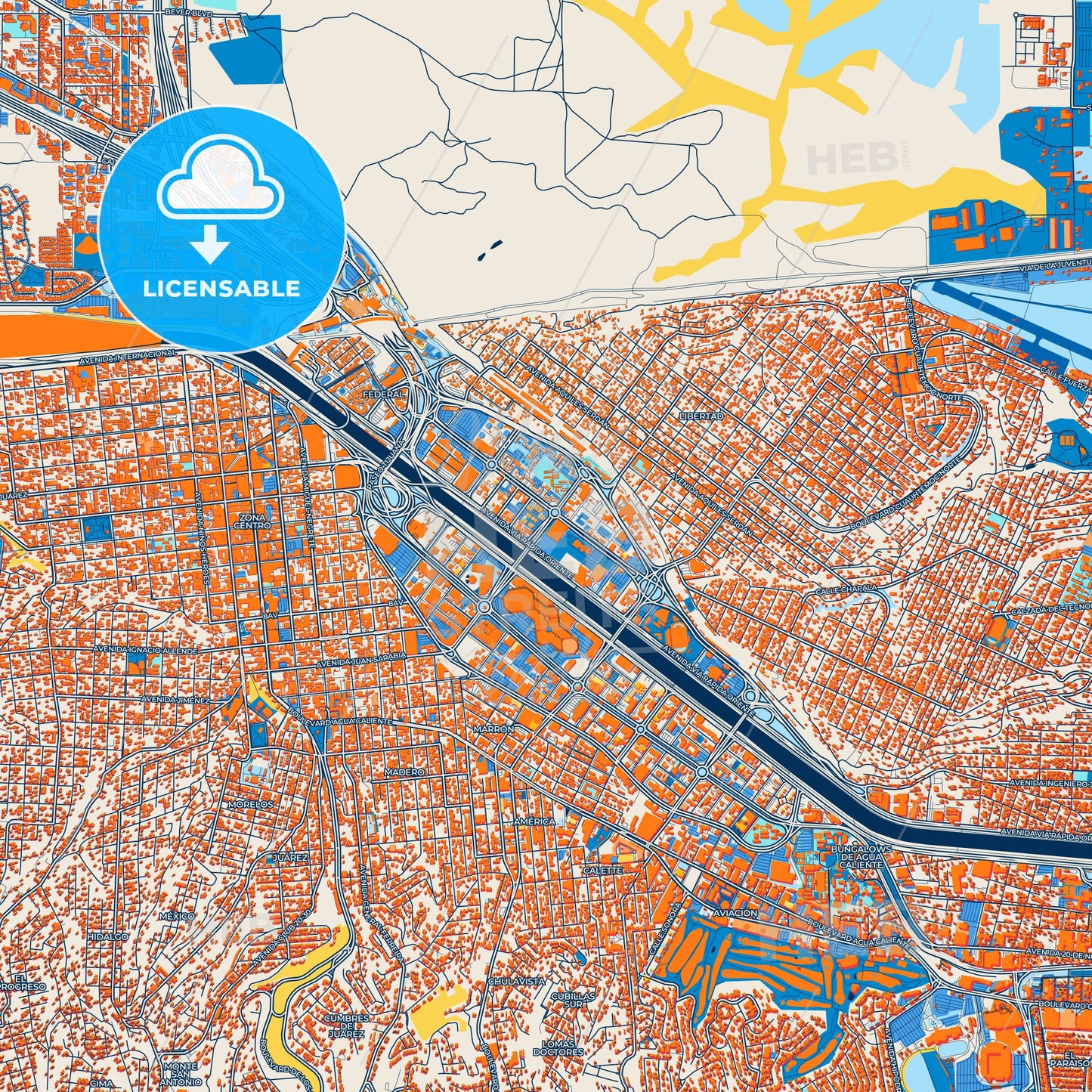 Colorful Tijuana Street Map with Labels and Buildings