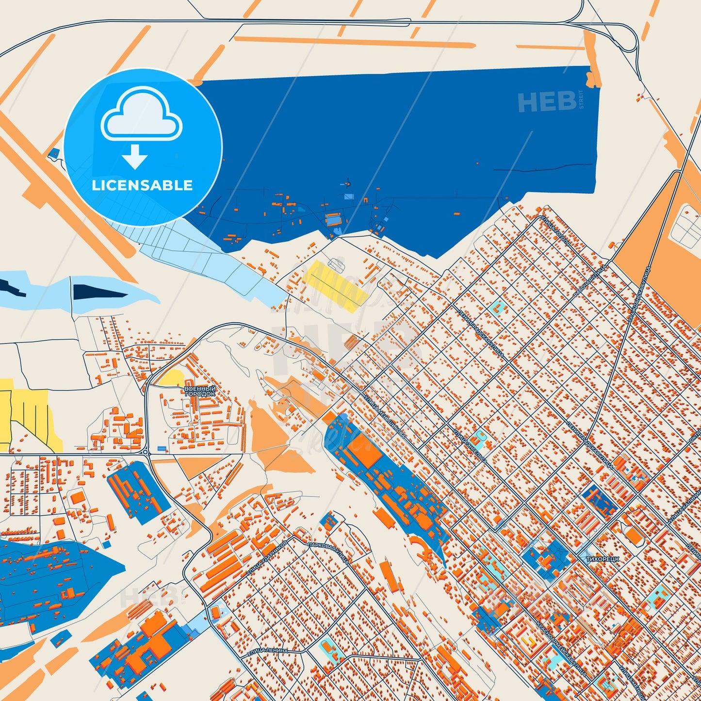 Colorful Tikhoretsk Street Map with Labels and Buildings