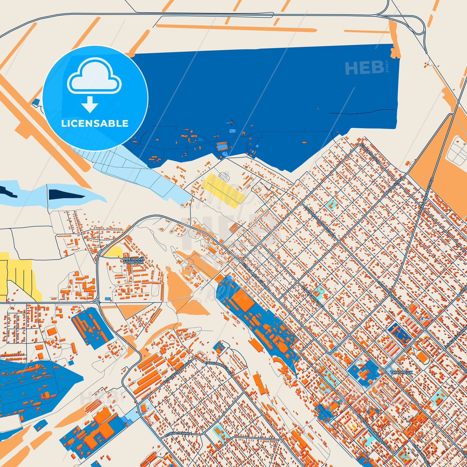 Colorful Tikhoretsk Street Map with Labels and Buildings