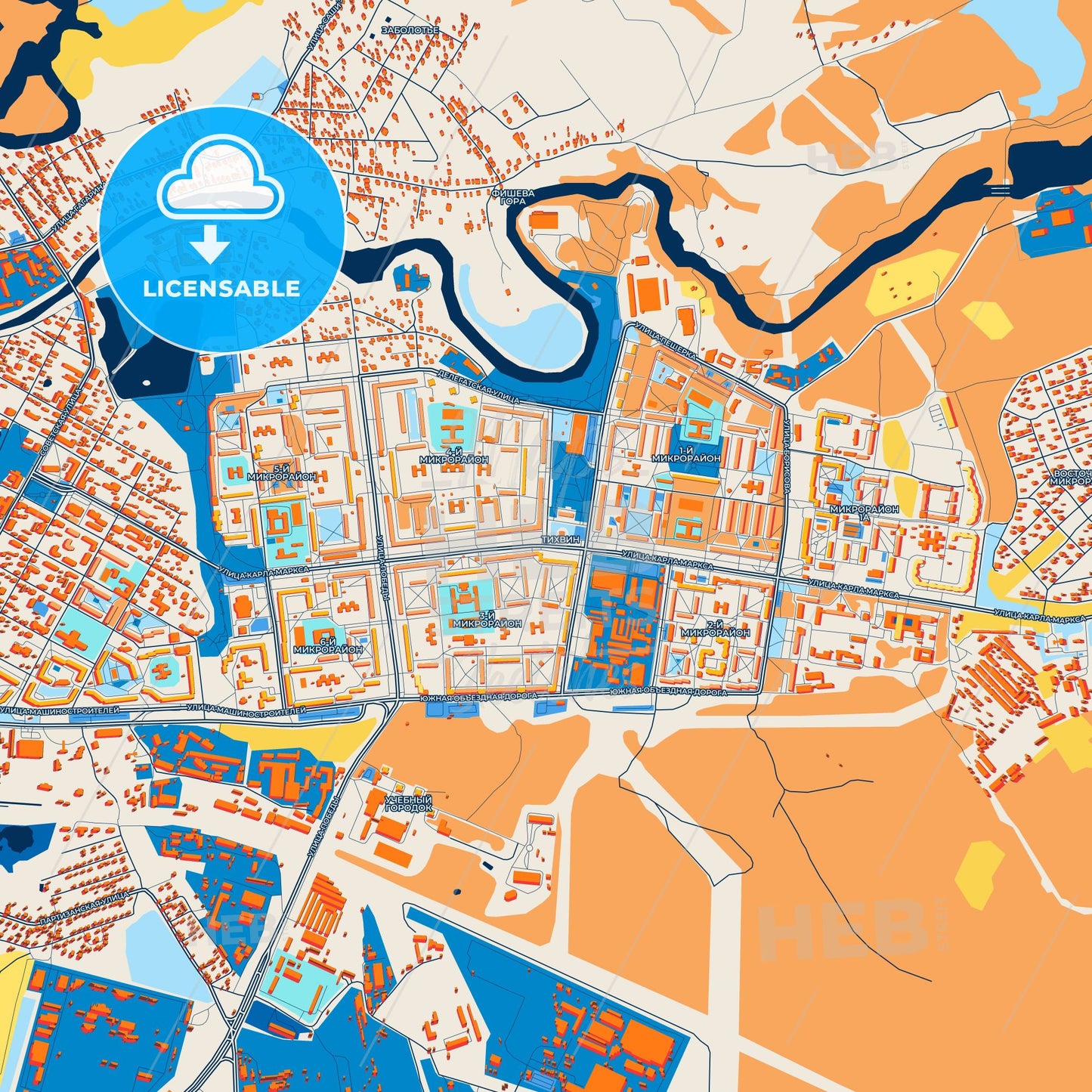 Colorful Tikhvin Street Map with Labels and Buildings