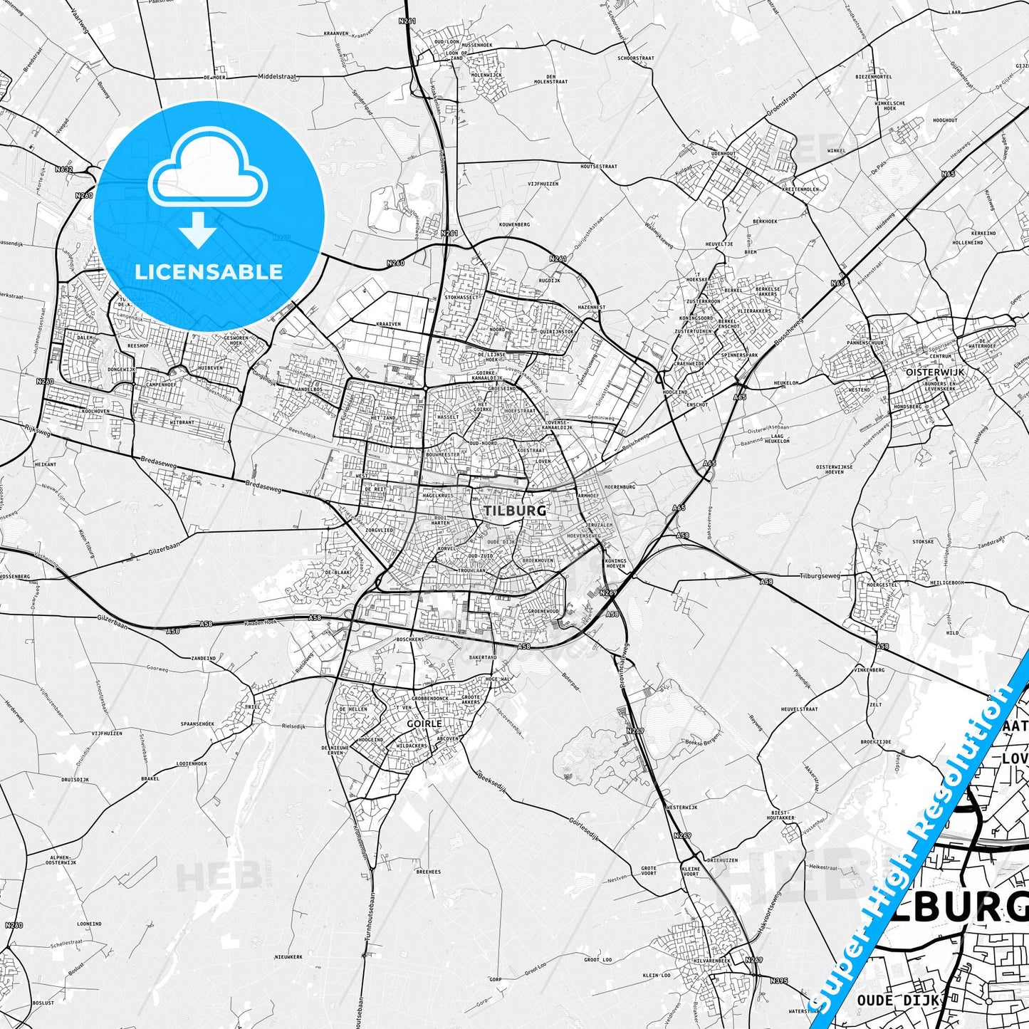Tilburg, Netherlands light map with streetnames, citynames and districts