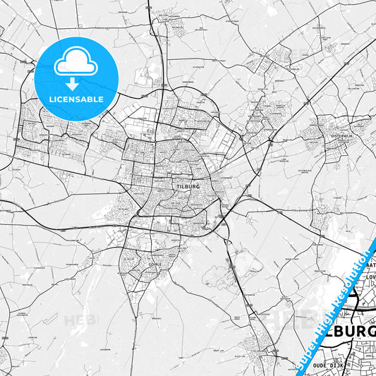 Tilburg, Netherlands light map with streetnames, citynames and districts