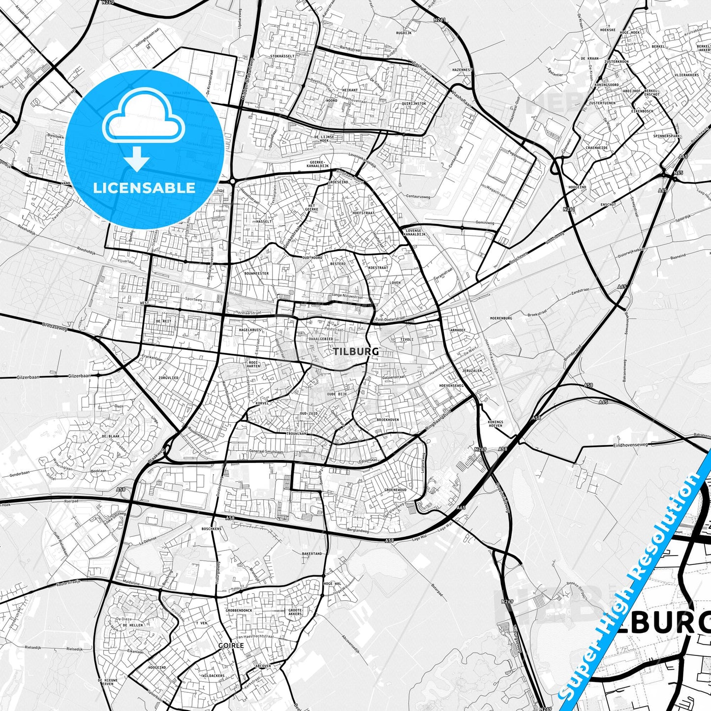 Tilburg, Netherlands Light Map with Street Names, City Names, and Districts