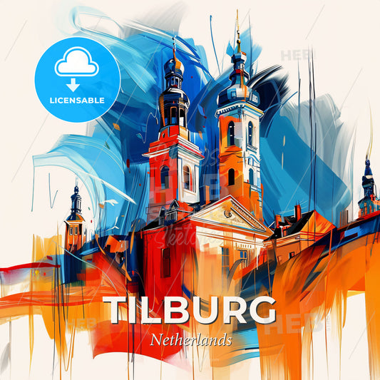 Vibrant Tilburg, Netherlands - A Painting Of A Building With Towers - Square format print template