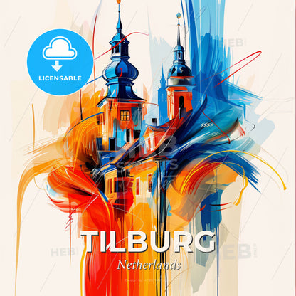 Vibrant Tilburg, Netherlands - A Painting Of A Building With Towers - Square format print template