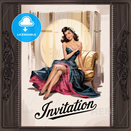 Timeless 1940s Glamour: Vintage Pin-Up Print in Elegant Two-Toned Evening Gown