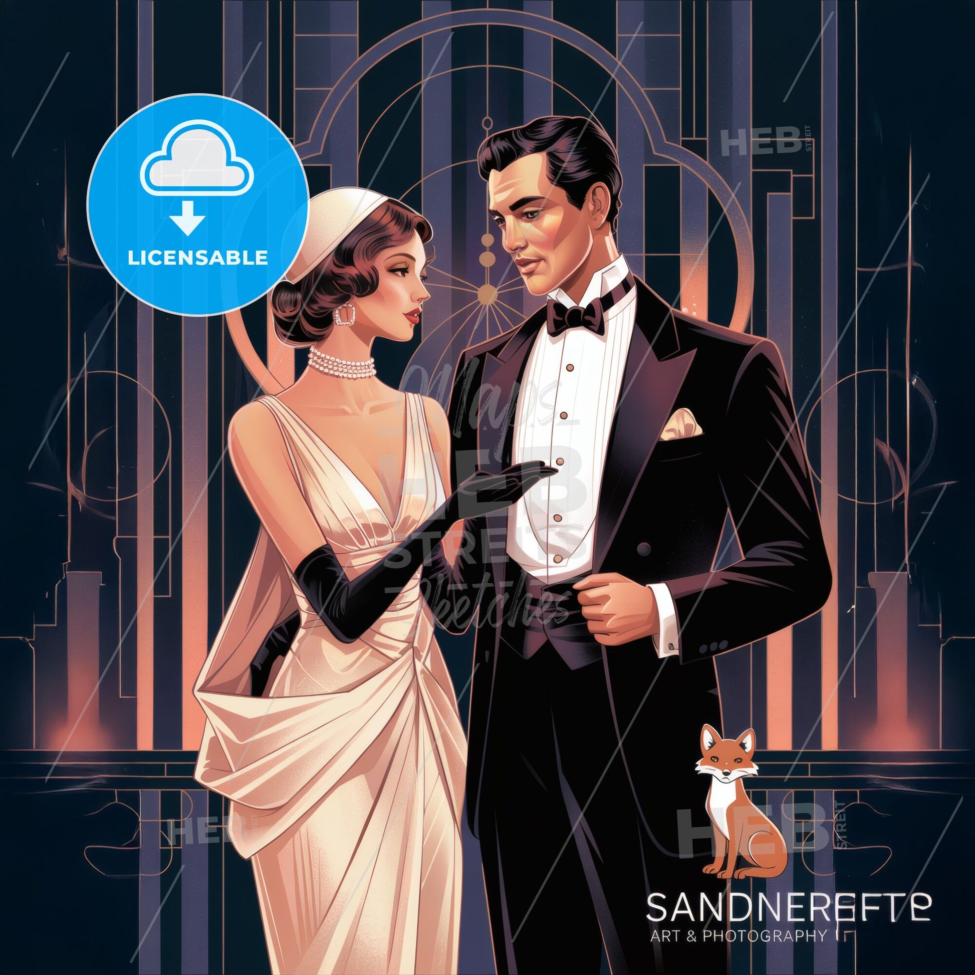 Timeless Elegance: 1920s Art Deco Evening Scene with Stylish Couple & Fox Icon