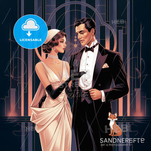 Timeless Elegance: 1920s Art Deco Evening Scene with Stylish Couple & Fox Icon