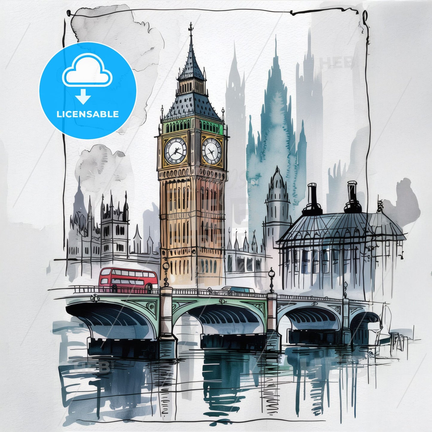 Timeless Elegance: Big Ben & Westminster Bridge - Artistic Sketch & Watercolor Print