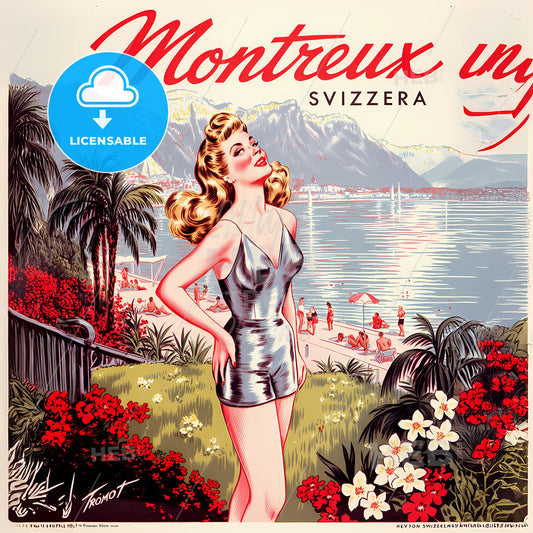 Timeless Elegance: Vintage Montreux Travel Poster with Glamorous Beach Scene