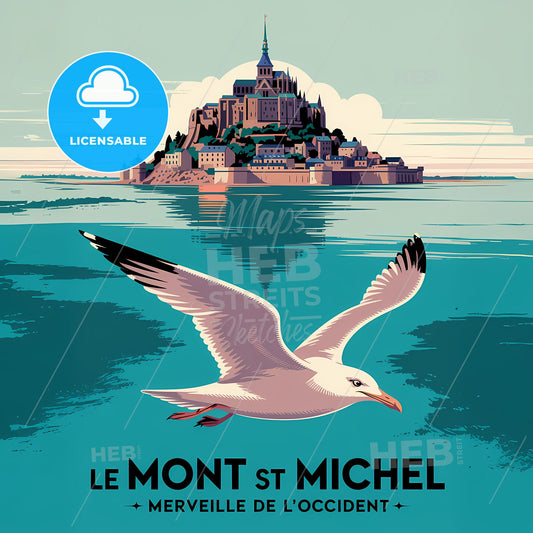 Timeless Elegance: Vintage Mont Saint-Michel Seagull Travel Poster