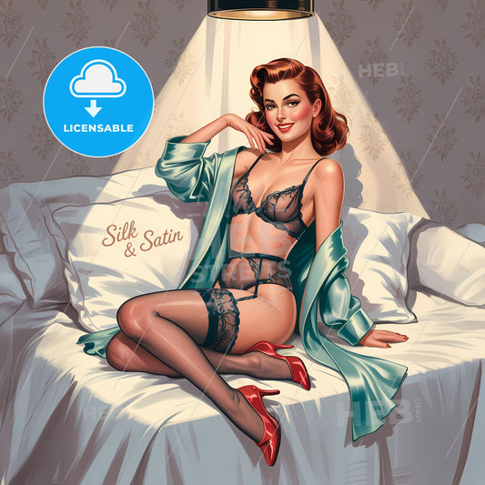 Timeless Glamour: Retro Pin-Up in Elegant Lingerie and Silk Robe