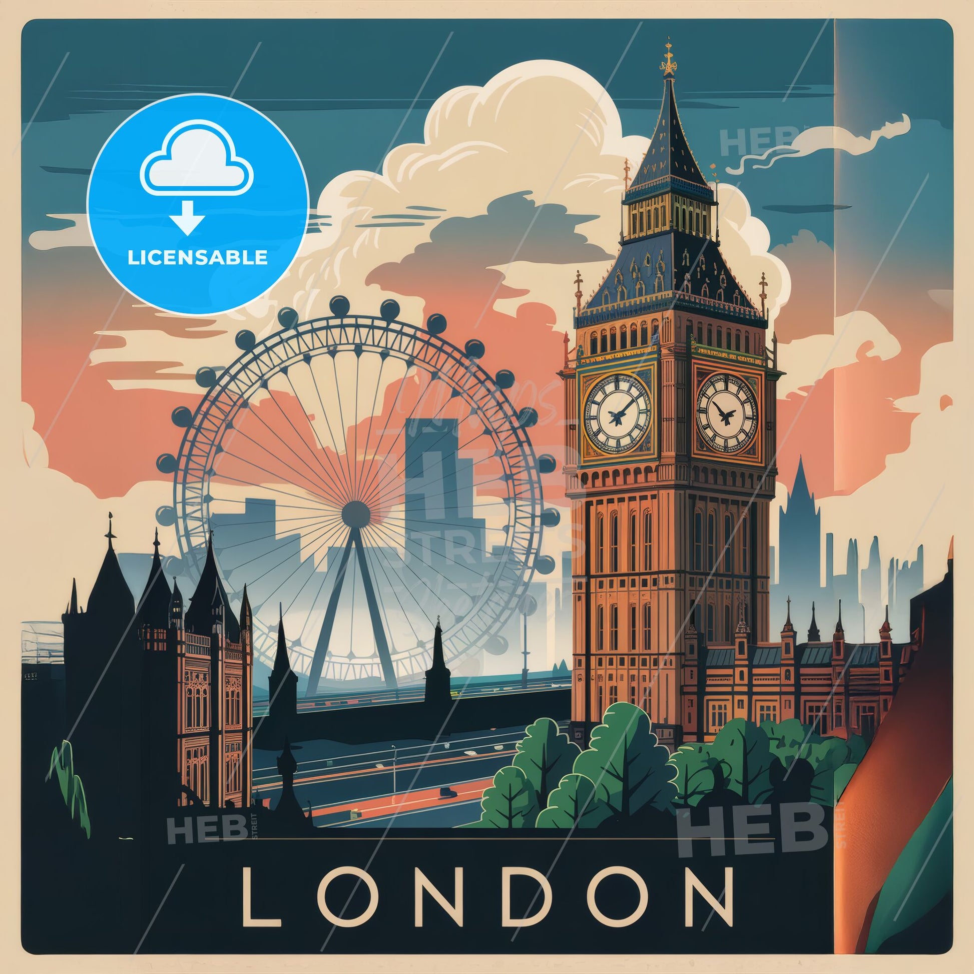 Timeless London: Retro-Modern Travel Poster Showcasing Iconic Landmarks