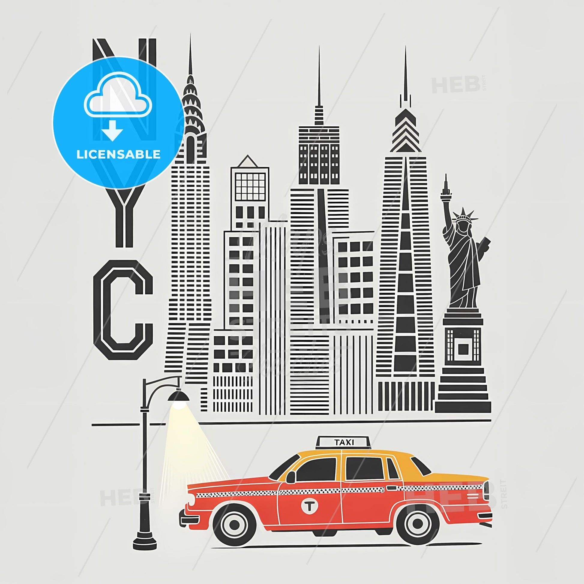 Timeless NYC: Geometric Skyline with Iconic Yellow Cab
