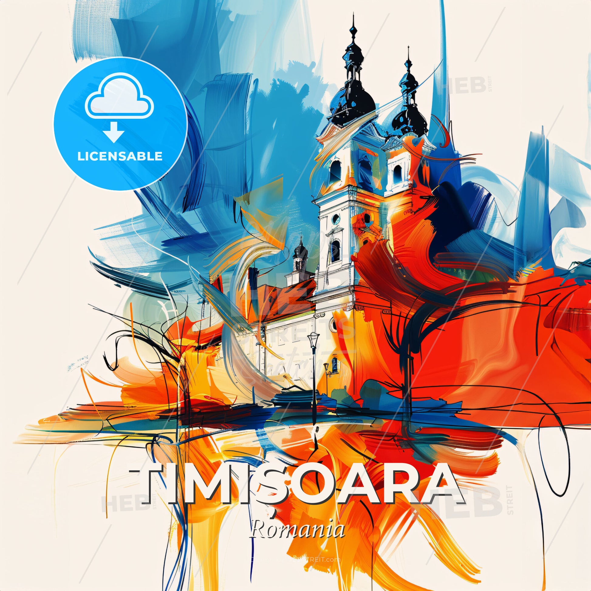 Vibrant Timișoara, Romania - A Painting Of A Building With A Colorful Background - Square format print template