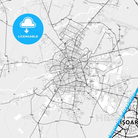 Timișoara, Romania light map with streetnames, citynames and districts