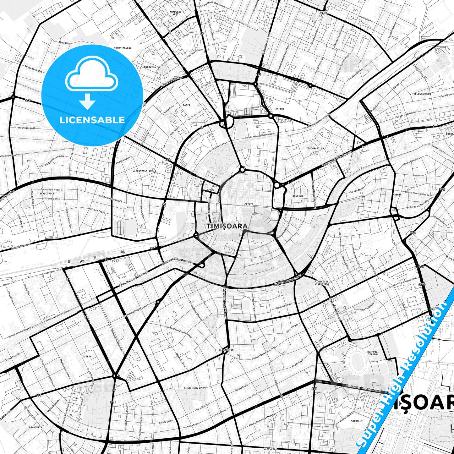 Timișoara, Romania Light Map with Street Names, City Names, and Districts