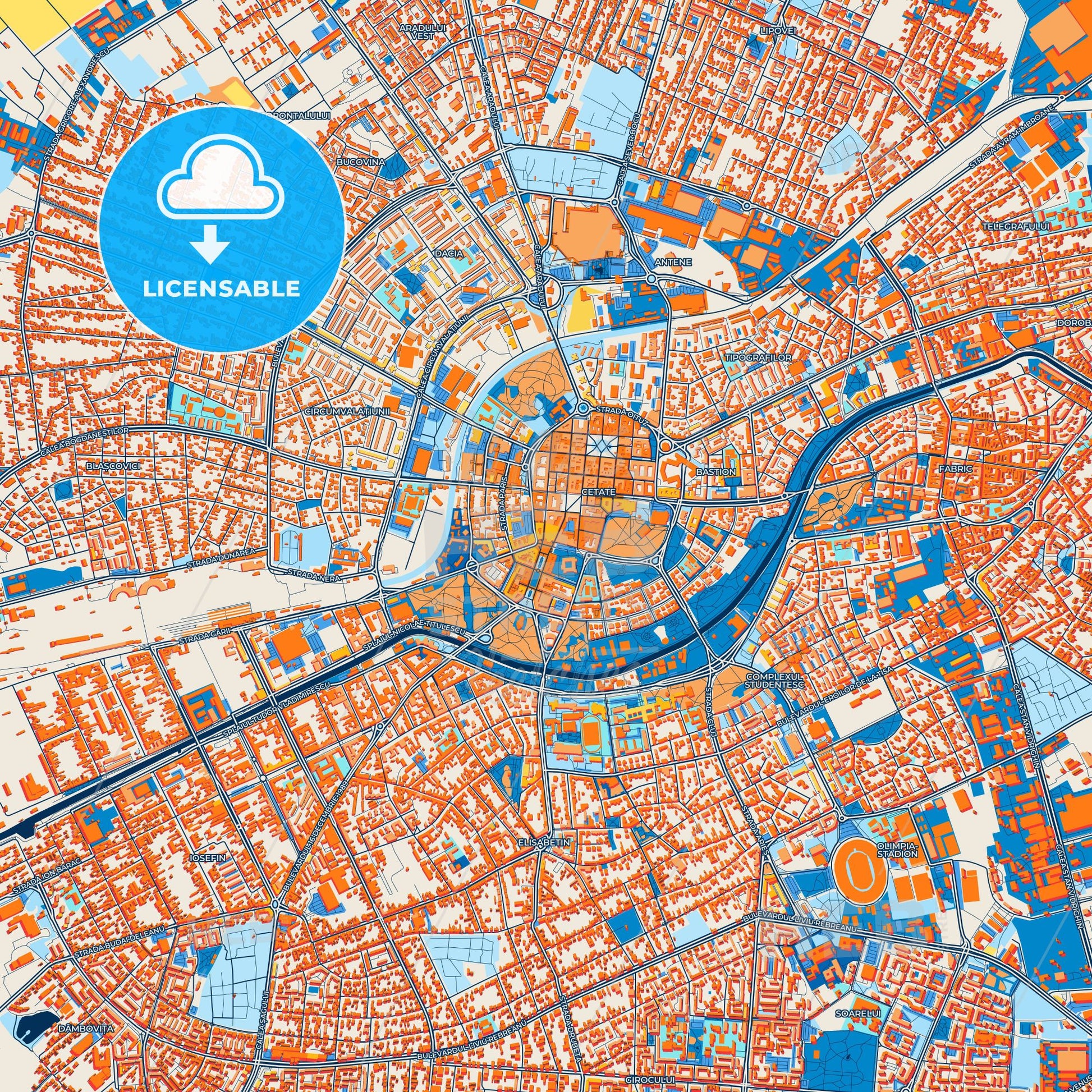 Colorful Timișoara Street Map with Labels and Buildings