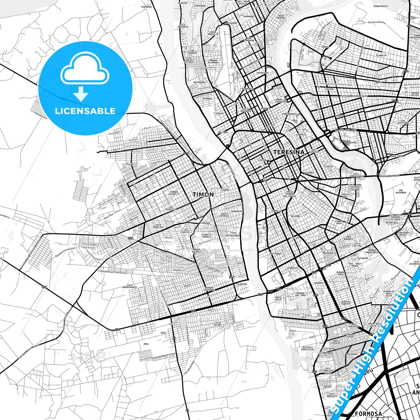 Timon, Brazil Light Map with Street Names, City Names, and Districts