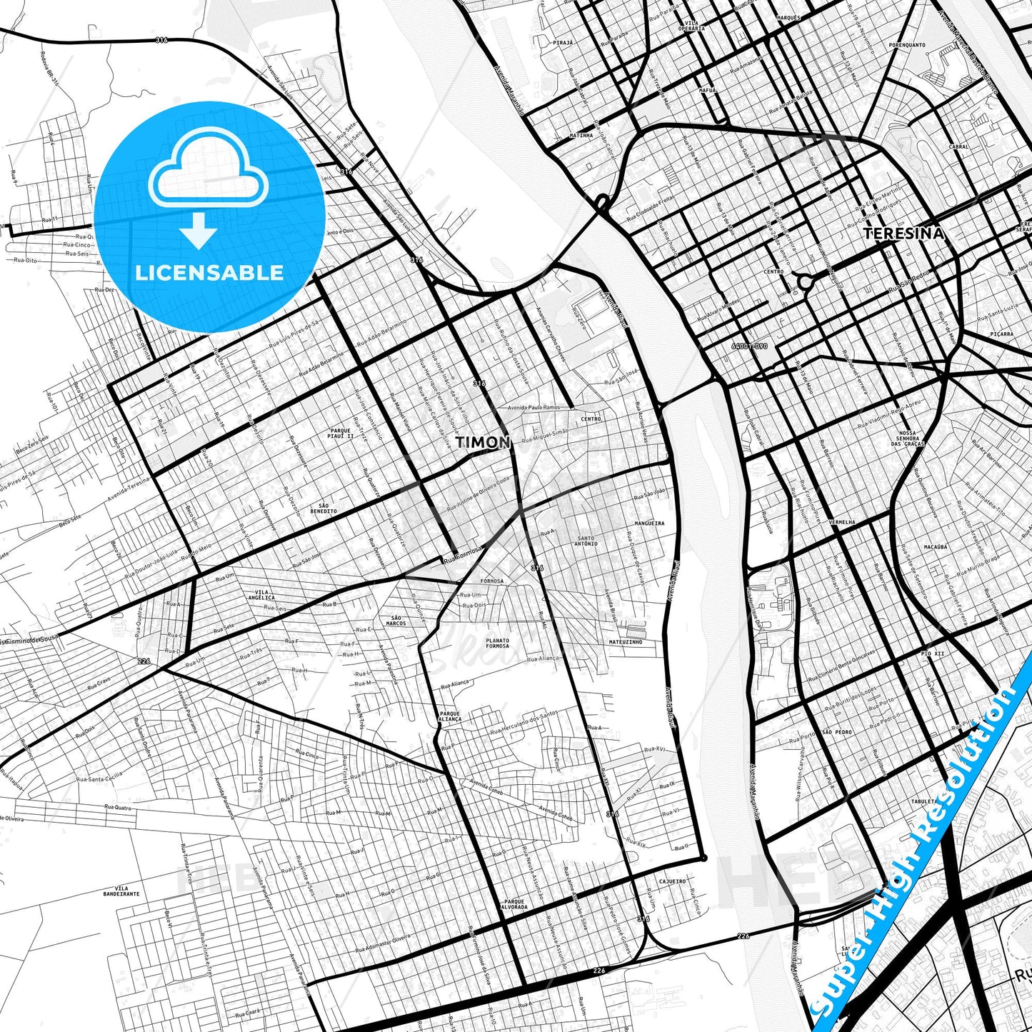 Timon, Brazil Light Map with Street Names, City Names, and Districts