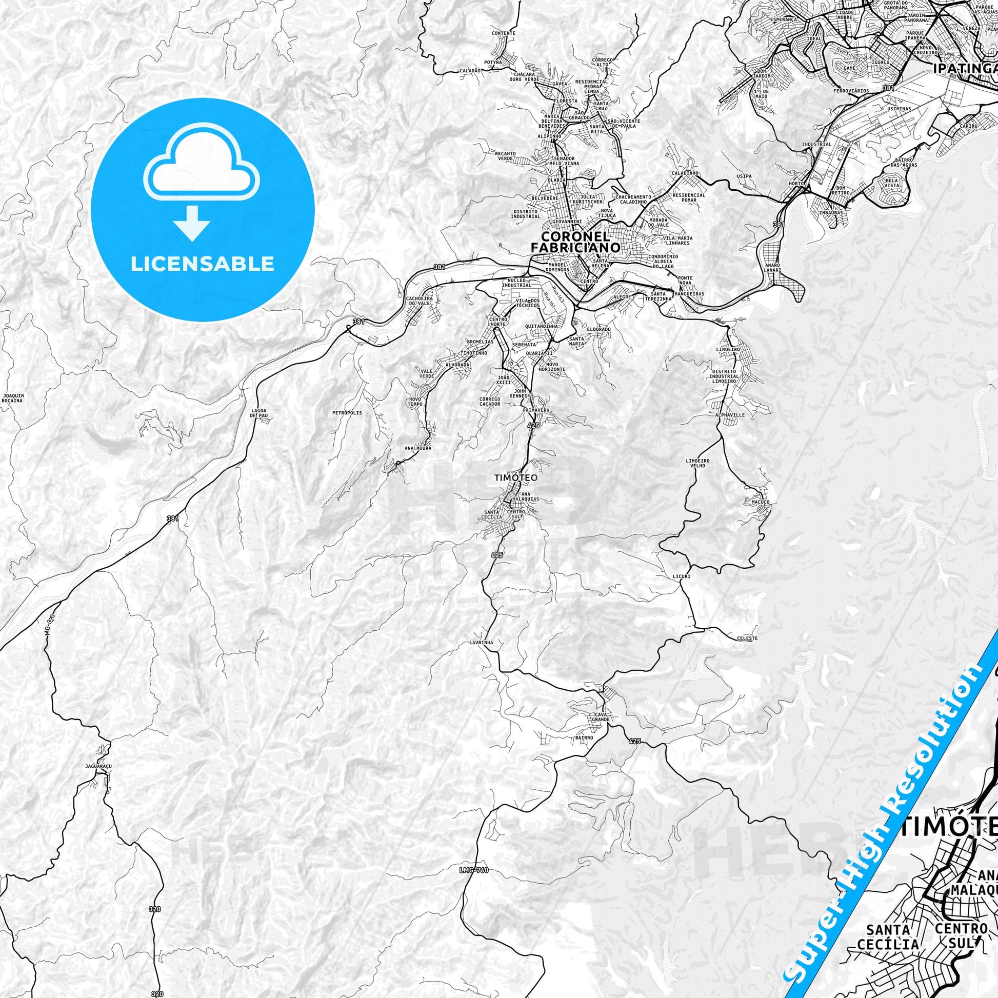 Timoteo, Brazil light map with streetnames, citynames and districts