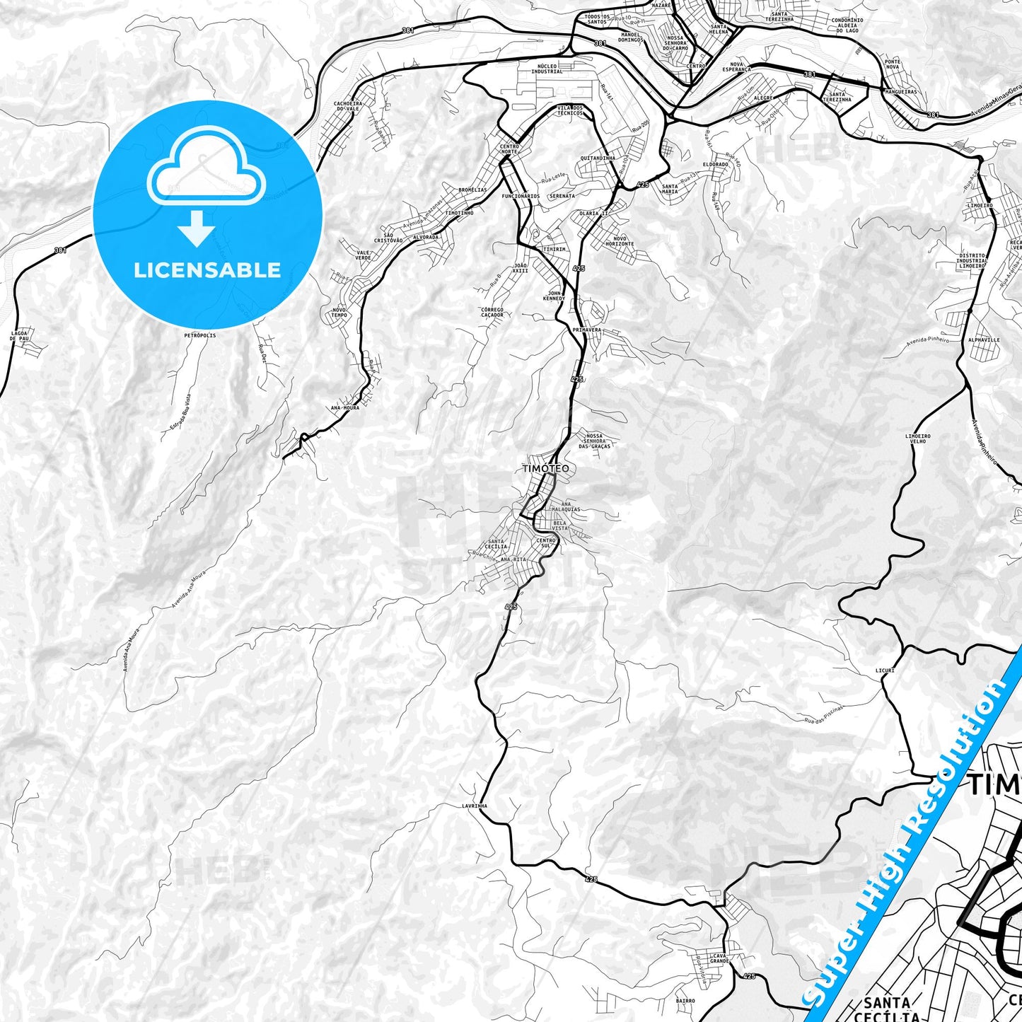 Timoteo, Brazil Light Map with Street Names, City Names, and Districts