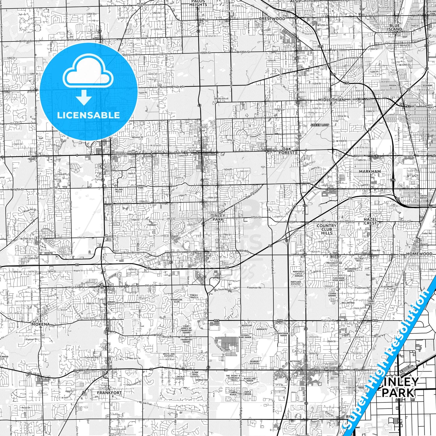 Tinley Park, Illinois light map with streetnames, citynames and districts