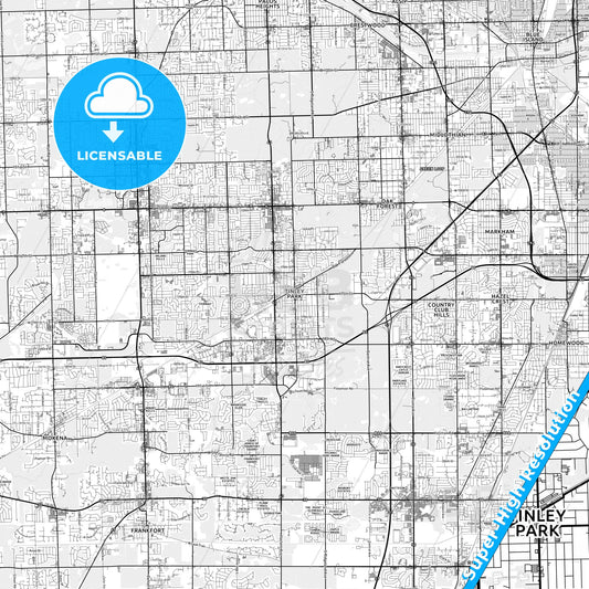 Tinley Park, Illinois light map with streetnames, citynames and districts