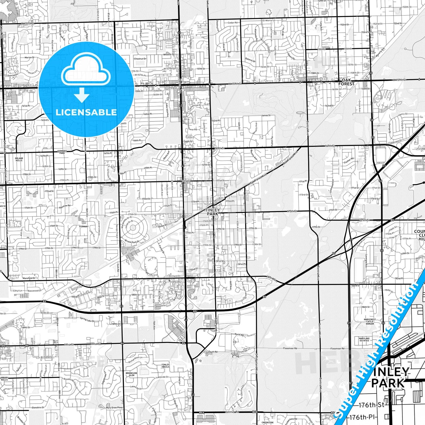 Tinley Park, Illinois Light Map with Street Names, City Names, and Districts