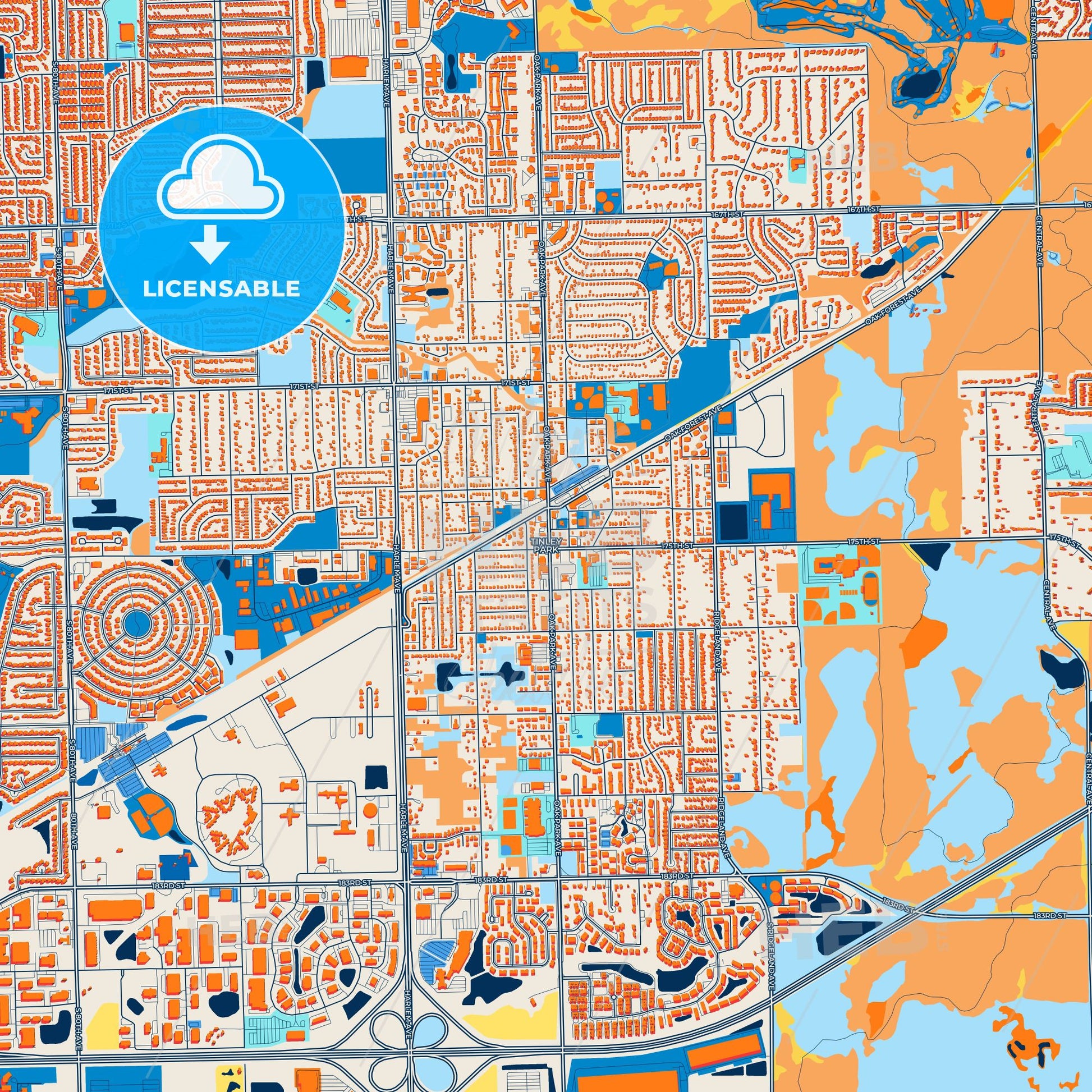 Colorful Tinley Park Street Map with Labels and Buildings