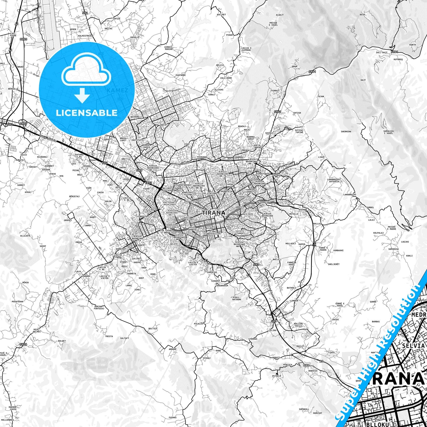 Tirana, Albania light map with streetnames, citynames and districts