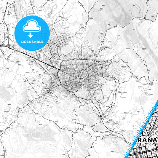 Tirana, Albania light map with streetnames, citynames and districts
