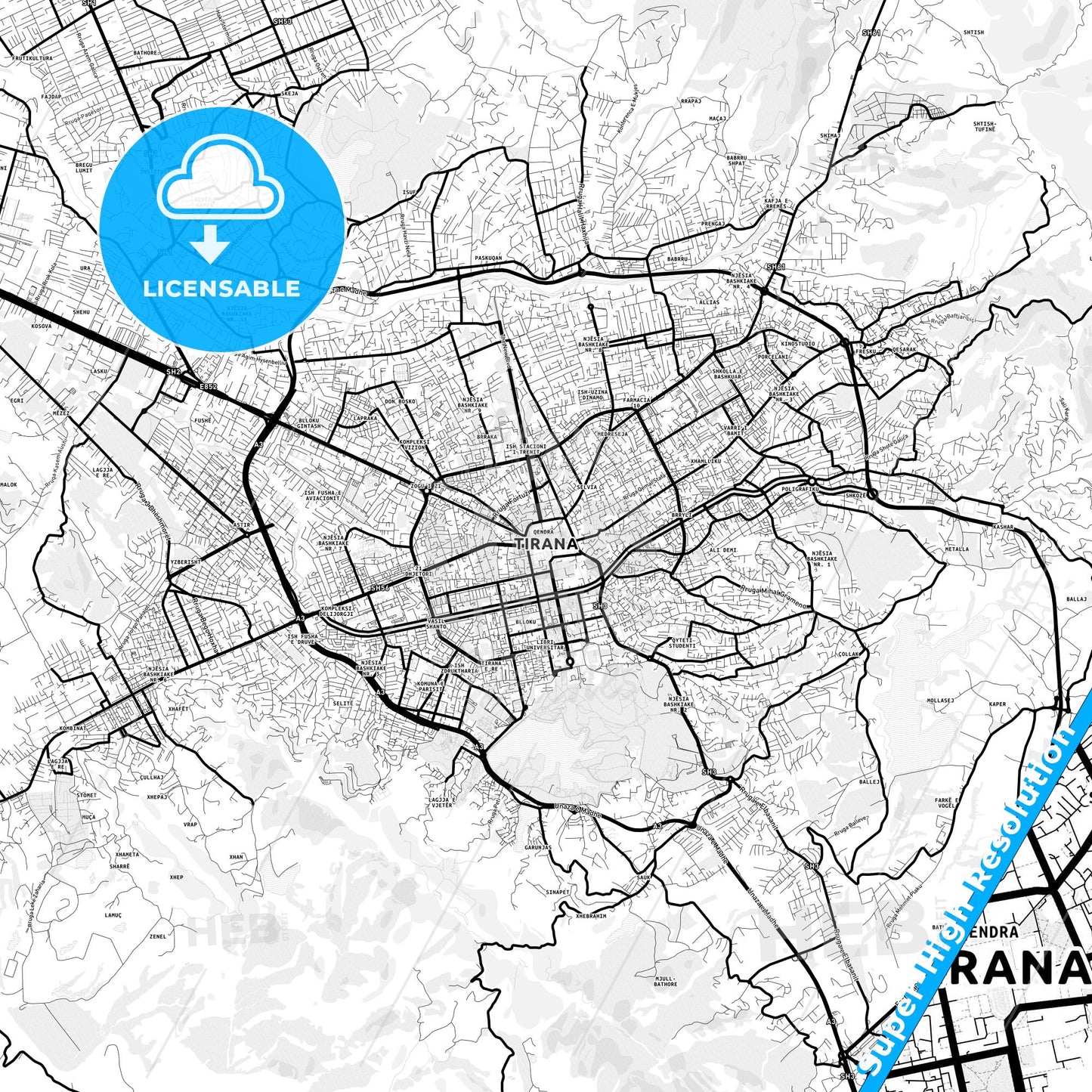 Tirana, Albania Light Map with Street Names, City Names, and Districts