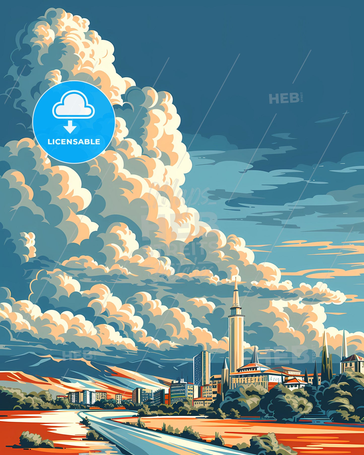 Minimalist Skyline of Albania: Vintage Travel Poster Featuring Vibrant Painting of Cityscapes and Cloud Formations